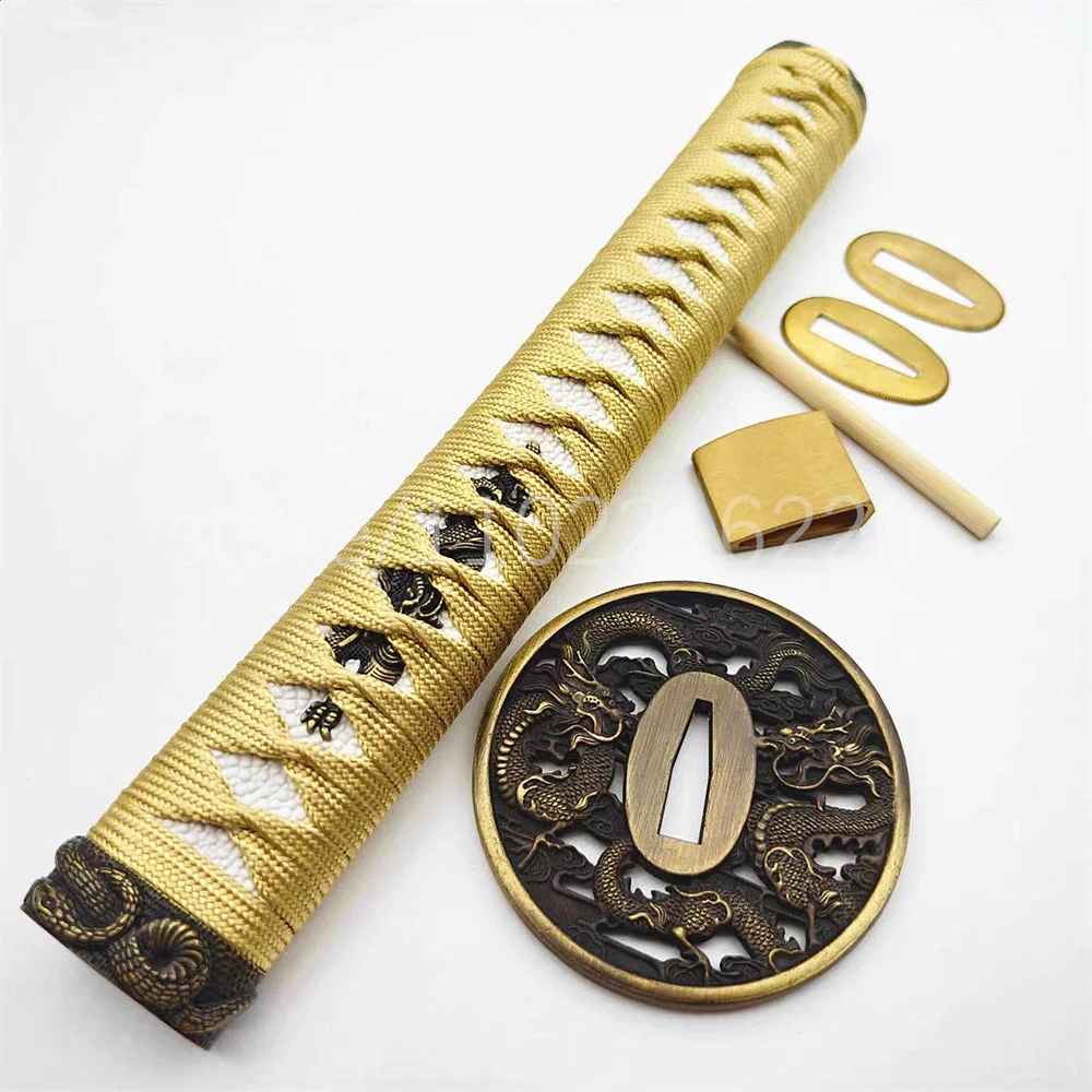 Very Nice Gold Japan Sword Parts 26cm Tsuka Handle Alloy Tsuba Handguard Brass Habaki Seppa For Japanese Samurai Katana Fitting