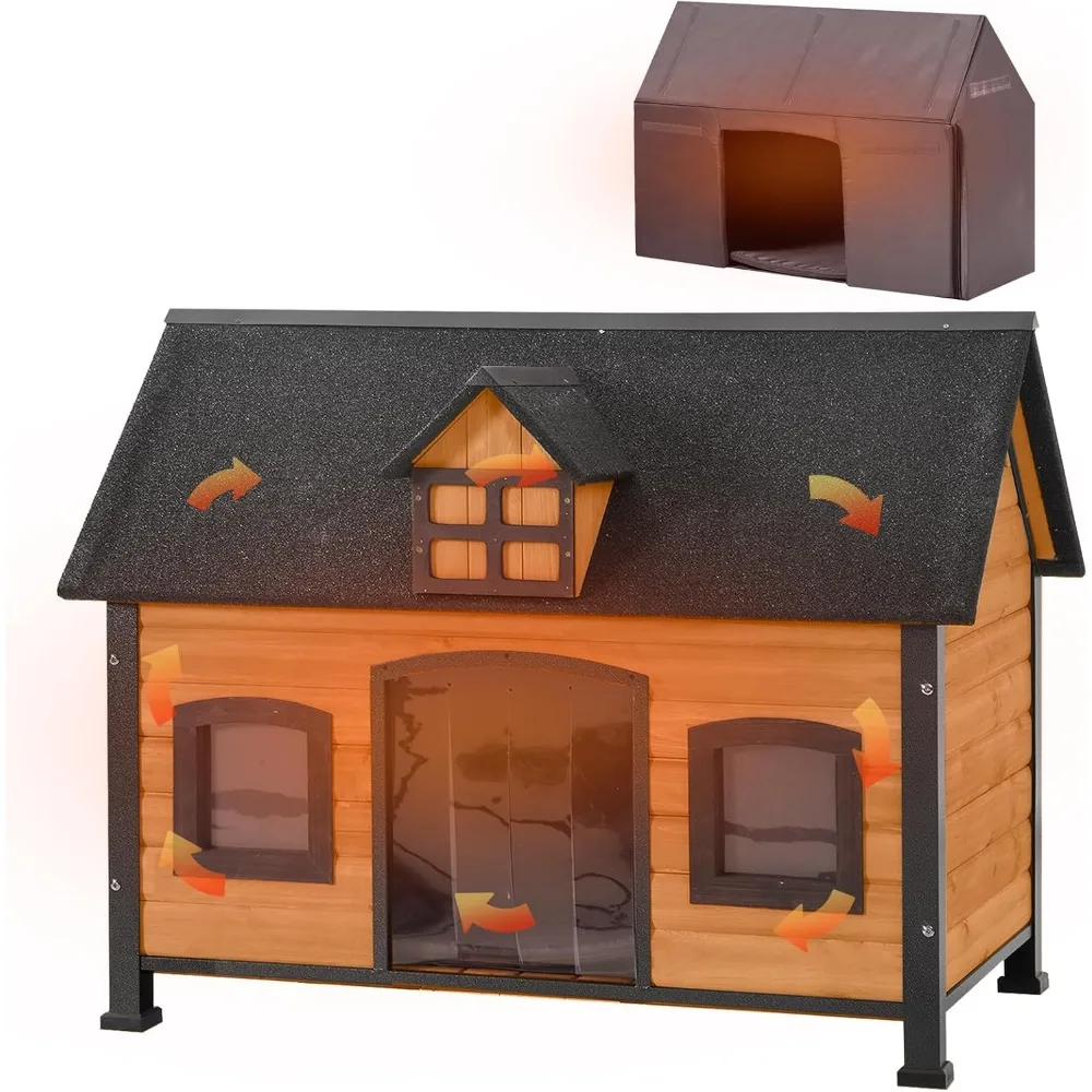 

Dog House with Insulated Liner Anti-Chewing Metal Frame Design Insulated Wooden Dog Kennel with Unique Design Roof, Weatherproo