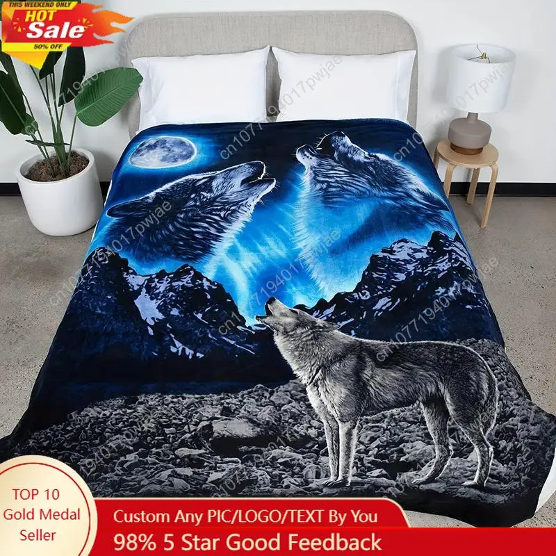 

Howling Wolf Print Flannel Blanket Super Soft Cozy Throw with Majestic Wolf Mountain Design for Bedroom Sofa Custom blankets