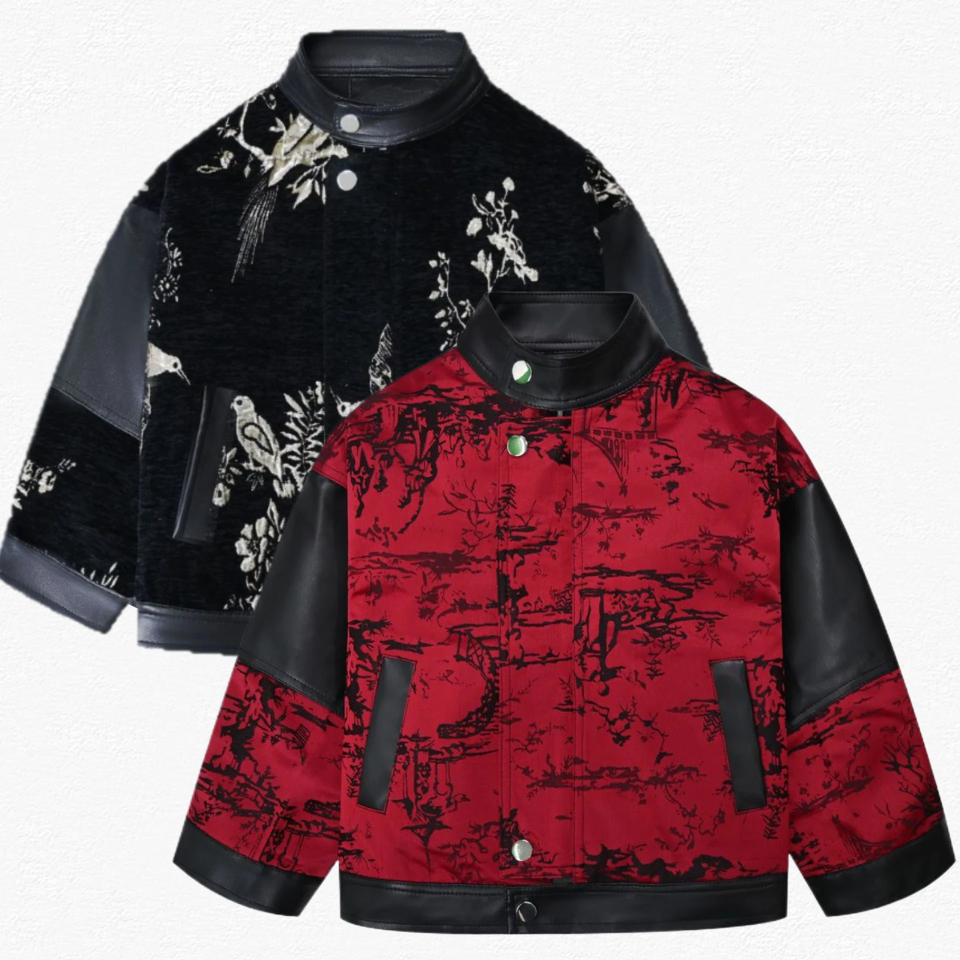 Boys Chinese Embroidery PU Leather Splice Stand Collar Jacket National Style Kids Coat Festival Birthday Photograph Outerwear