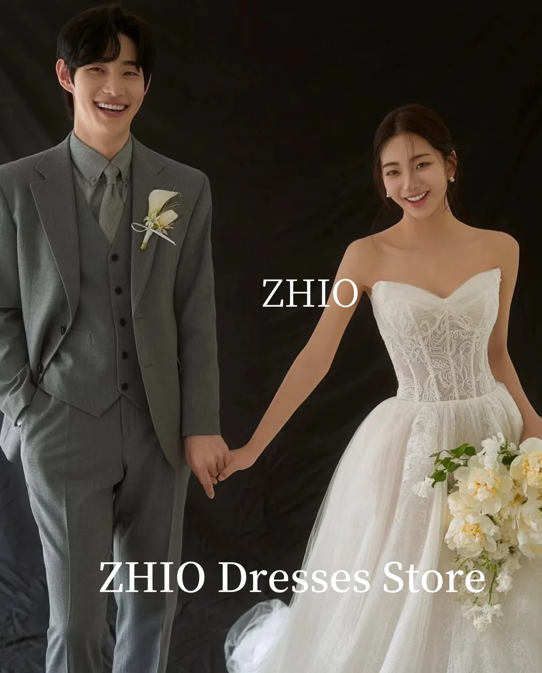 ZHIO Exquisite Applique Wedding Dress Strapless Ivory Tulle Floor Length Korea Photo Shoot Bridal Reception Gown Customized