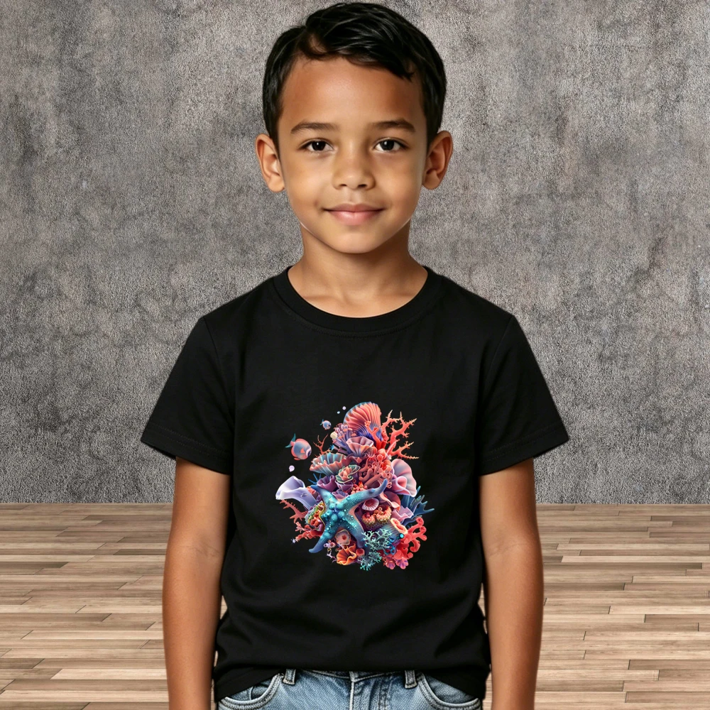 New Summer Boys Girls T-Shirt Short Sleeve Coral Reef with Marine Life Pattern Kids Tops