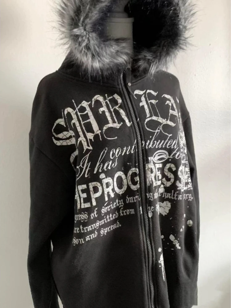 Y2k الأمريكية الرجعية الأسود زمم هوديي البلوز المرأة إلكتروني تصميم سترة البلوز Harajuku الفراء طوق معاطف سترة القمم #4