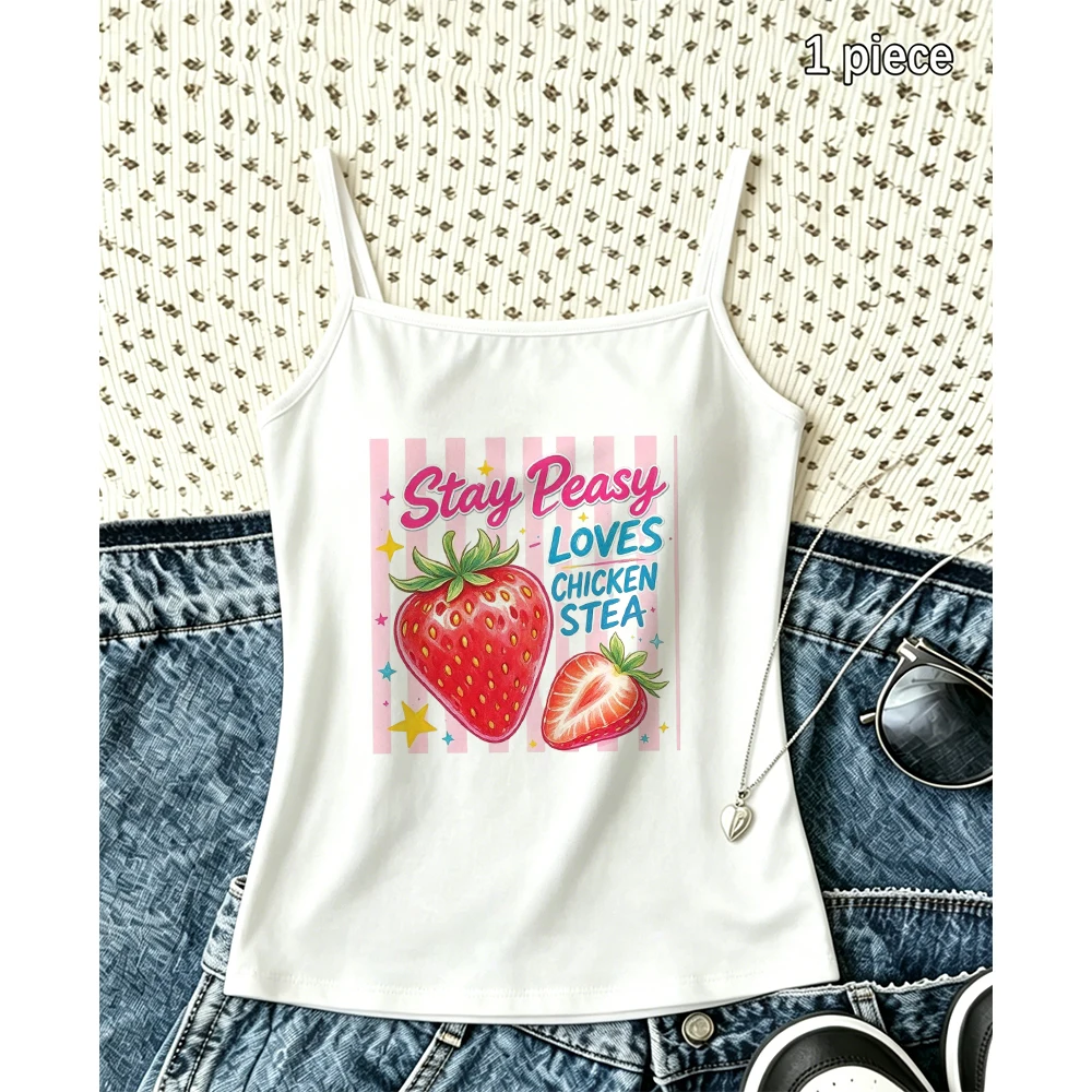 Summer Fresh Cami Women Cute Fruit Pattern Tank Top Sleeveless Vest Party Tee Soft Girl Aesthetic Wear Holiday Vacation Cool Top