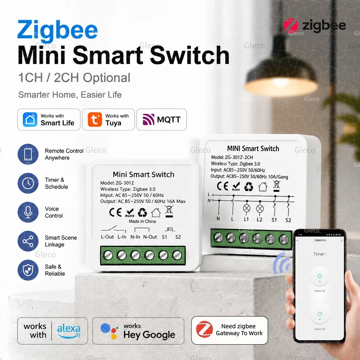 Zigbee Tuya Smart Switch Smart Life 10A/16A 1/2CH DIY Relay Breaker 2 Way Control For Alexa Google Home Assistant 2MQTT Gateway