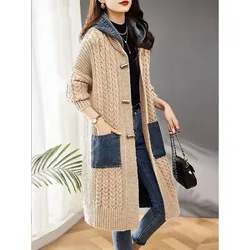 Knitted Cardigan Women Fall Winter 2023 New Vintage Hooded Long Sweater Chic Thicken Patchwork Denim Coat Button Up Long Jacket