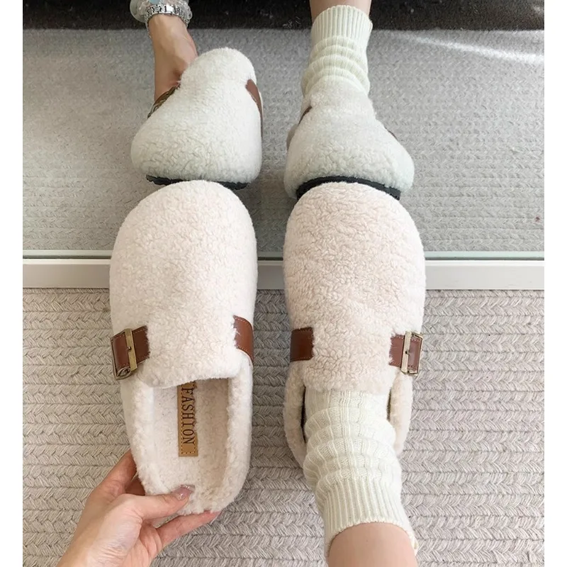 

Winter Warm Ladies Flat With Furry Shoes Fashion Buckle Strap Women Mules Fur Slippers Casual Outdoor Indoor Female Slides