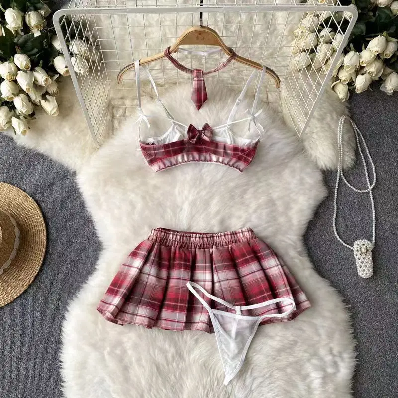 Hotsweet Scoliere Lingerie Sexy Student Uniform Porno School Uniform Suits Erotic Cosplay Costume Plaid Necktie Top+skirt Set