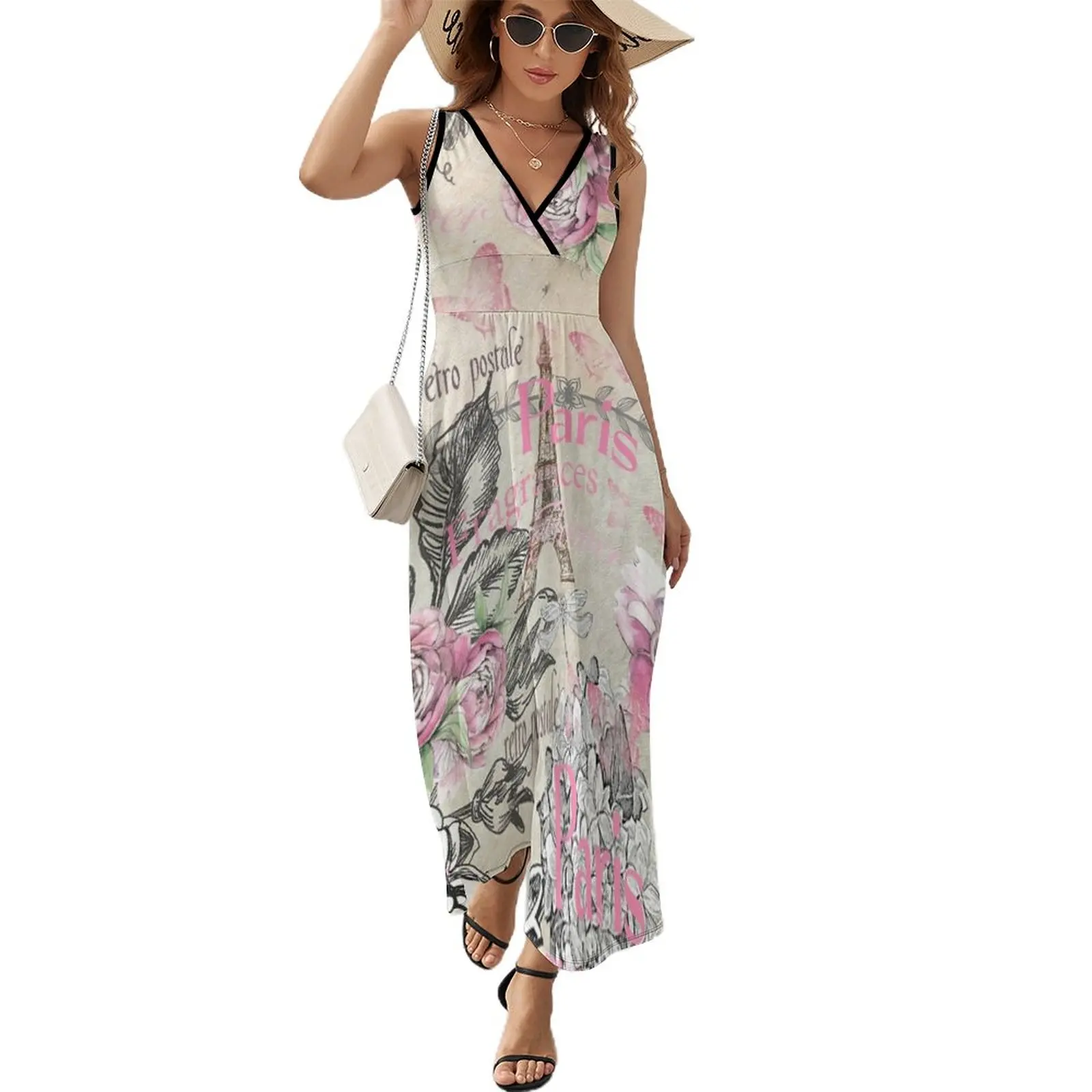 

Elegant pink black floral collage Eiffel Tower Sleeveless Dress long dress women birthday dress