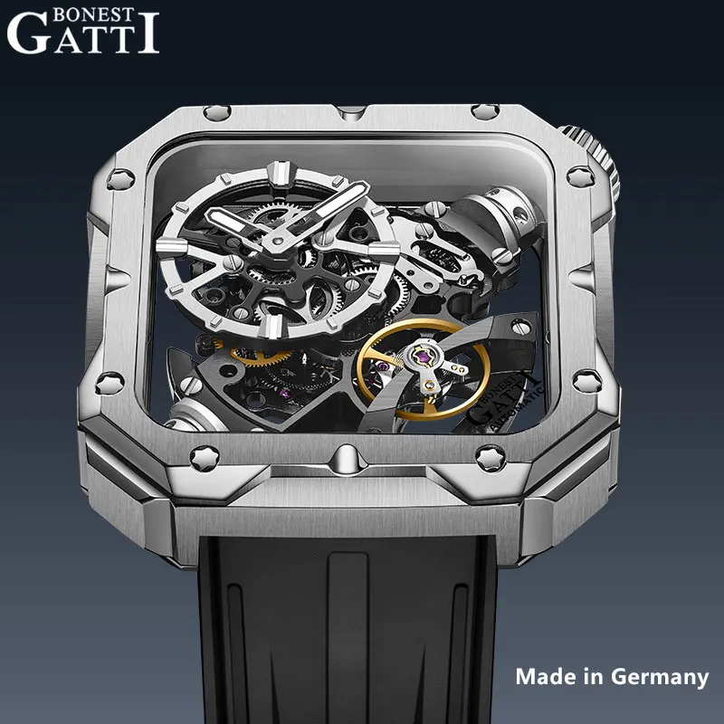 

BONEST GATTI 2025 New Mechanical Man watch Luxury Square Fashion Automatic Wristwatch Sapphire Luminous Hollow Out Dial Watches