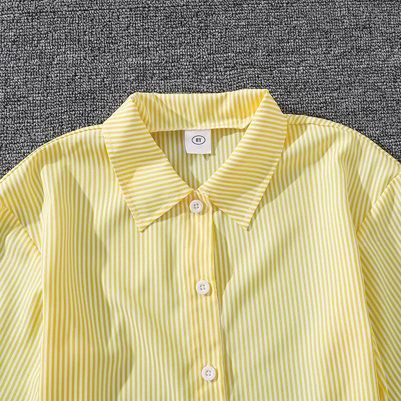 Spring Hot Sale Kids Outfit 4-12 Years Girls Striped Long Sleeve Chemise + Casual Loose Straight Leg Pants Shirt Suit 2Pcs Set