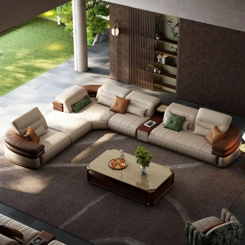 Luxury Corner Sectional Genuine Leather Sofa, Larch Solid Wood Frame Modular Couch for Large Living Room Home Furniture