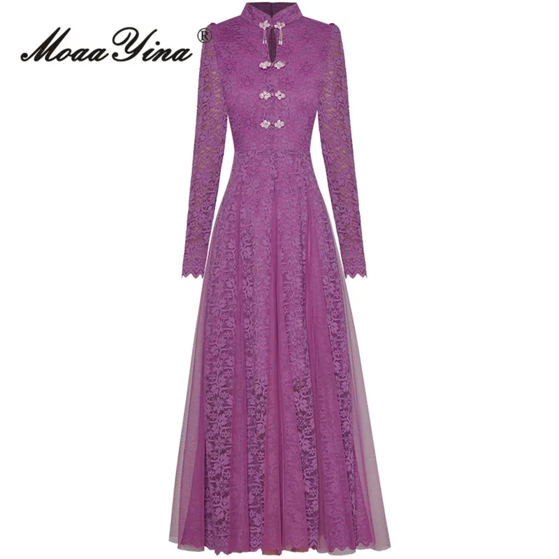 

MoaaYina Summer Fashion Runway Purple Elegant Party Dress Women's Stand Collar Beading Button High Waist Spliced Mesh Long Dress