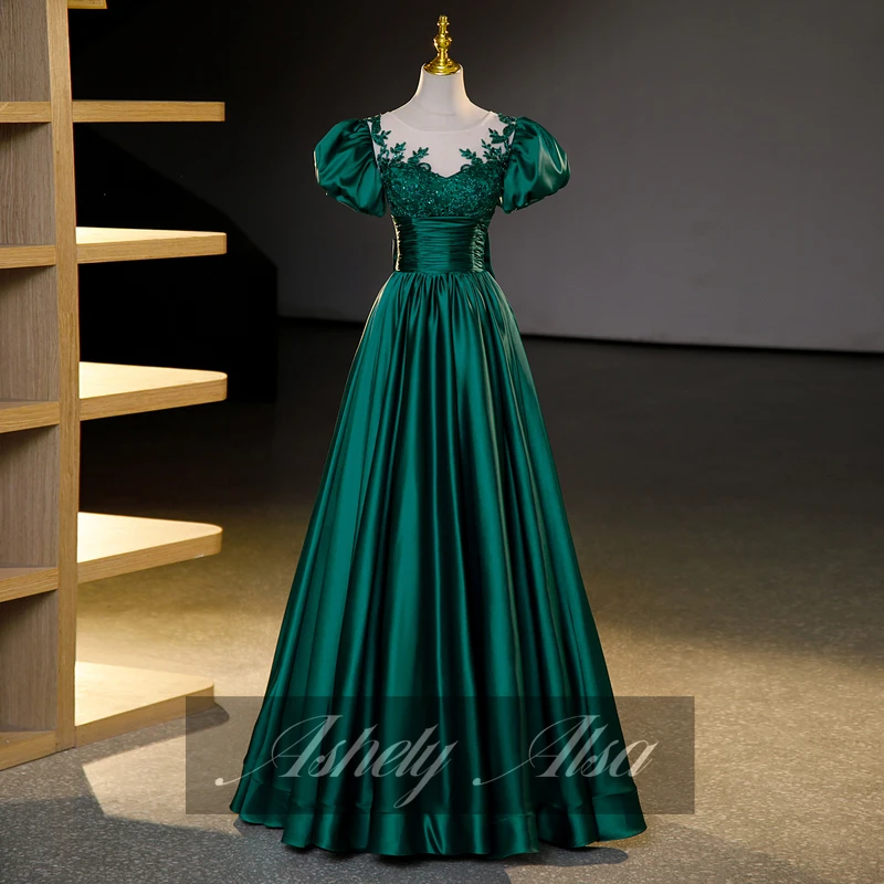 Customized Real Pictures Green Quinceanera Dresses Short Sleeve Satin Women Formal Evening Gown Sweet 16 Girl Prom Party Dress