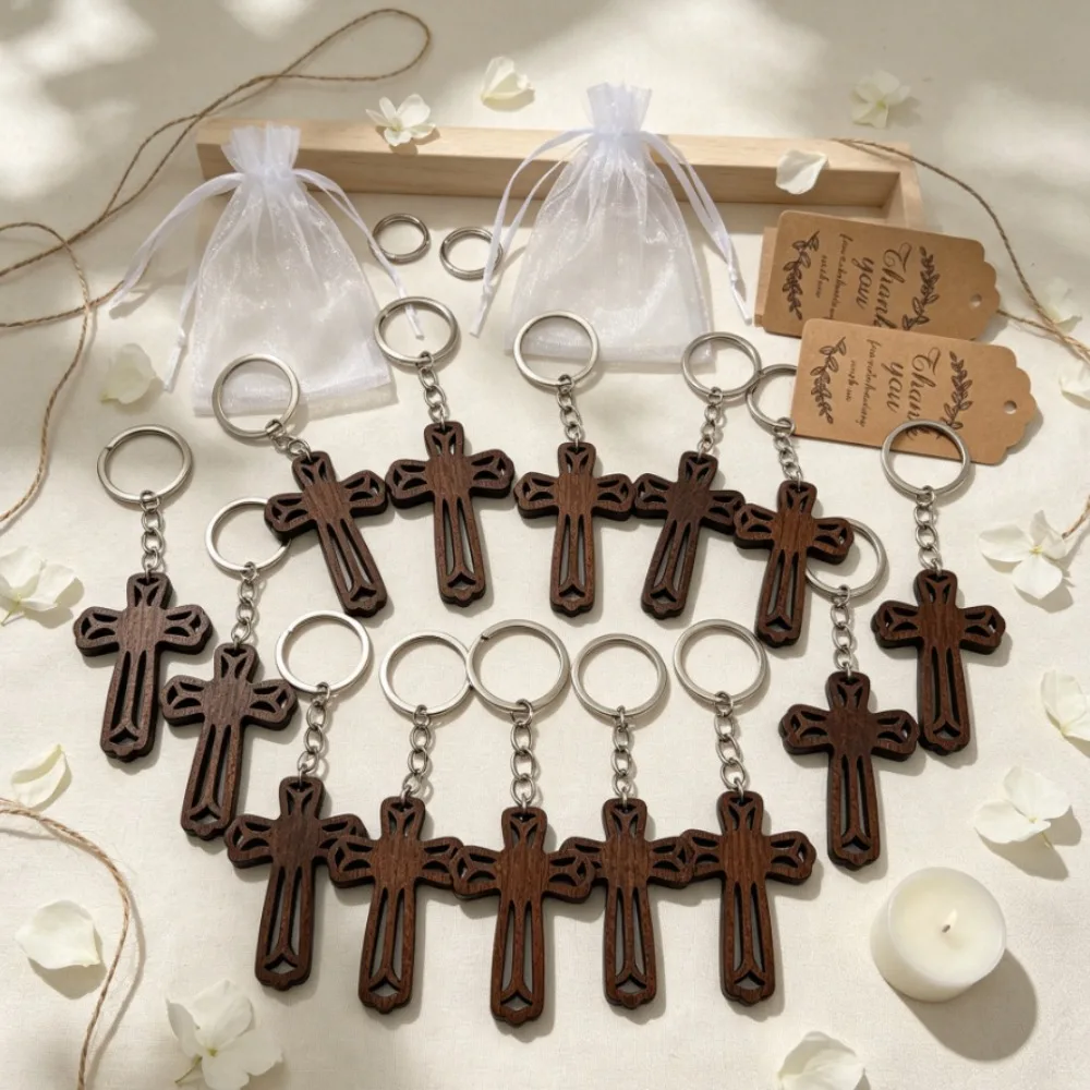 12 Sets de Llaveros de Madera con Cruz, Recuerdo de Bautizo con Tarjeta y Bolsa de Organza, Recuerdo Religioso de Primera Comunión, Regalo para Invitados de Boda