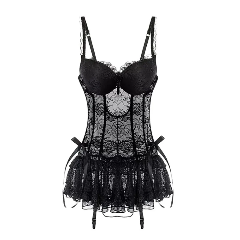 

Nightgown Lace Camisole Briefs Set Mesh Transparent Lingerie Uniform Dress Sleeveless Nightdress Lace Corset Skirt Ladies