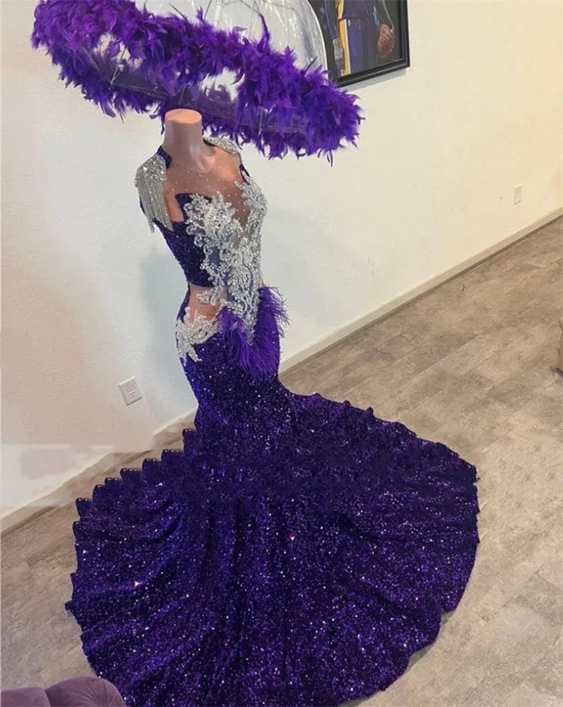 Luxury Purple Mermaid Prom Dresses 2024 For Black Girls Bottom Beading Elegant Crystal O Neck Evening Party Gowns Birthday Dress