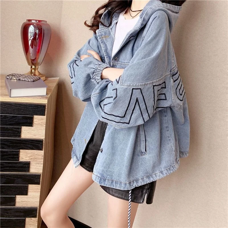 Medium Long Spring Autumn New Denim Jacket Female Loose Korean Version Embroidery Letter Coat Fashion Hooded Women Cowgirl Top