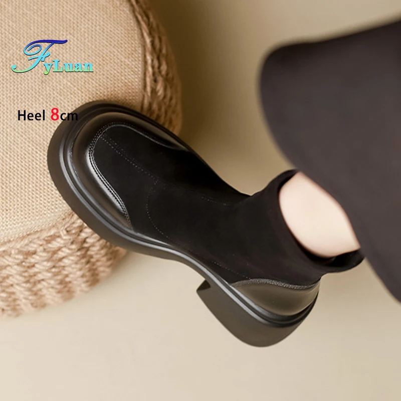 

Короткие ботинки на массивном каблуке, замшевые женские ботильоны на блочном высоком каблуке 8 см, осенне-зимние ботинки на платформе, женская повседневная обувь на открытом воздухе