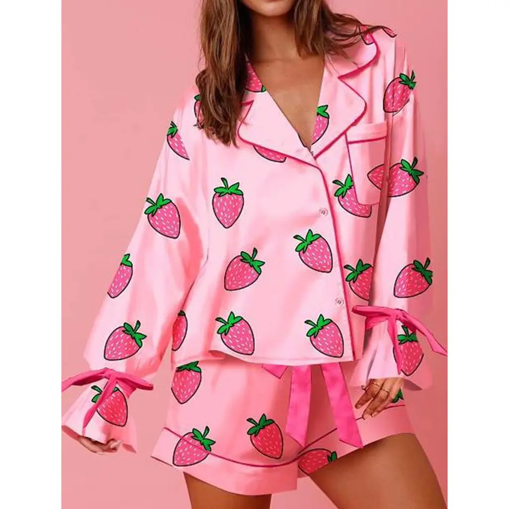 HEZIOWYUN Women 2Piece Loungewear Pajamas Set Long Sleeve Lapel Strawberry/Bow Print Button Up Tops +Drawstring Shorts Sleepwear