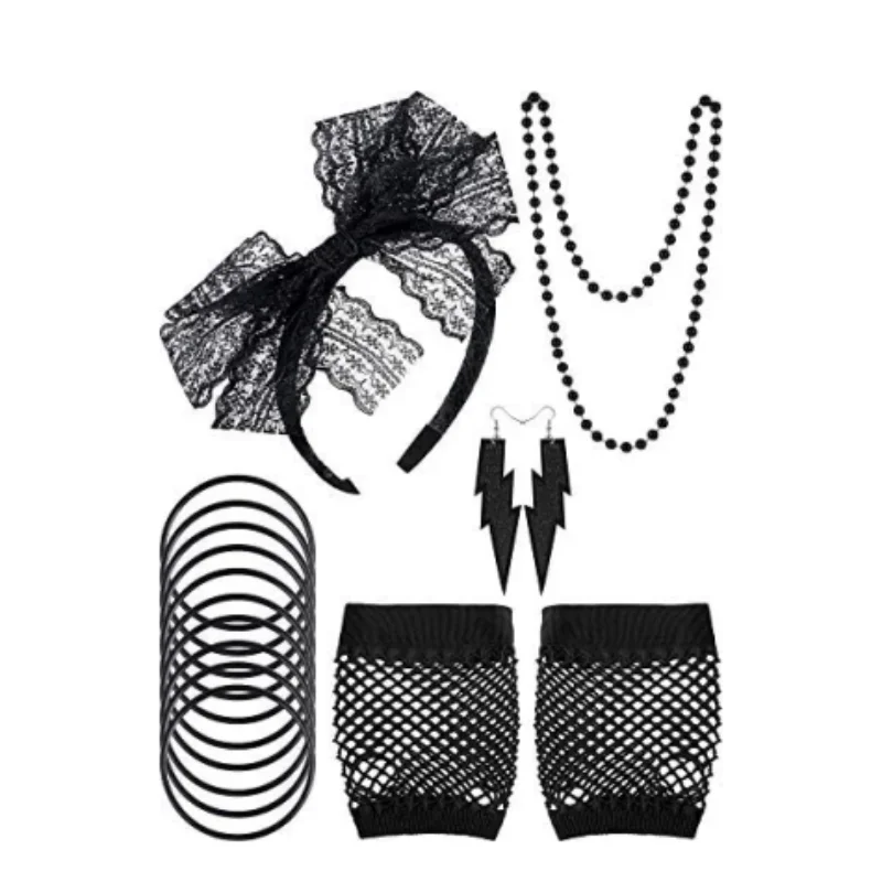 Sexy 80s Accessories Women Lace Headband Earrings Fishnet Gloves Necklace Bracelet for 80s Retro Party Halloween Sexy Girl