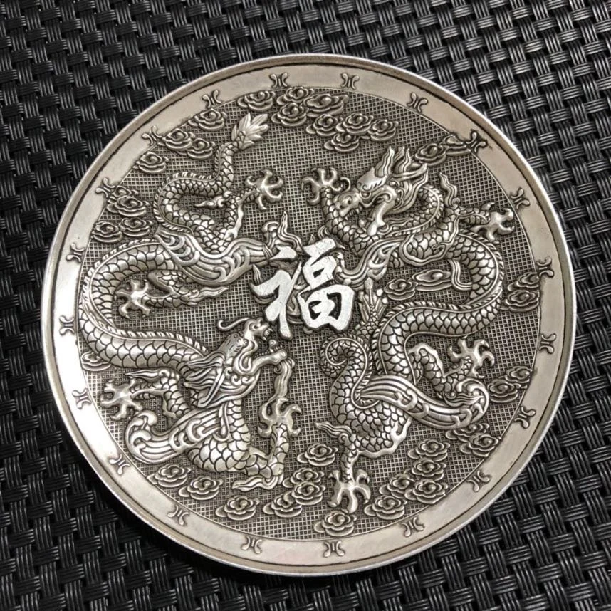 Miscellaneous Qing-gan-long year-old Shuanglong Fuzi silver-plated plate white copper home decoration