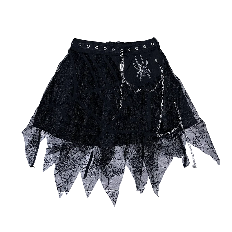 

Japanese Gothic Harajuku Rock Spider Web Lace Skirts Black Fashion Sweet Girl Punk High Waist Mini Hot Girls Irregular Skirts