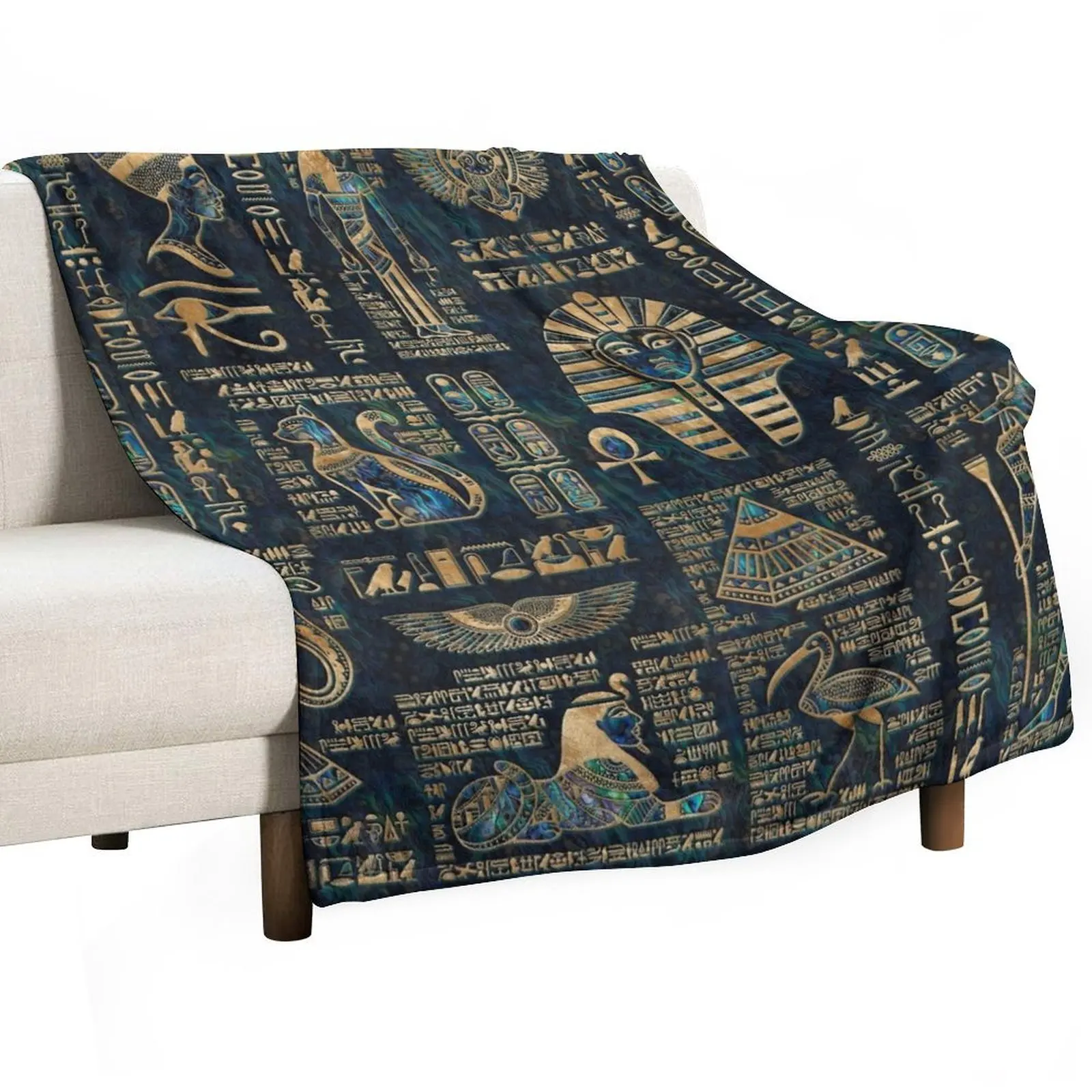 Egyptian hieroglyphs and deities -Abalone and gold Throw Blanket Soft Plaid Flannel Blankets For Sofas Soft Plush Plaid Blankets