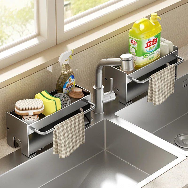 Kitchen Sink Drain Rack Organizer Sponge Holder Stainless Steel Storage Rack Soap Drainer Dishcloth Towel Bar Countertop Shelf