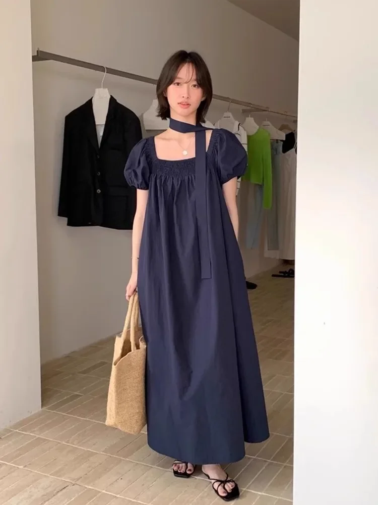 

Retro Off Shoulder One Neck Bubble Sleeve Dress For Women In Summer, Simple And Versatile, Gentle Style Long Skirt