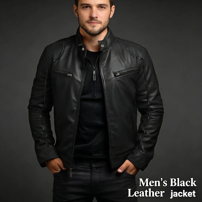 

2026 European and American men's motorcycle leather jacket men's stand-up collar punk leather jacket