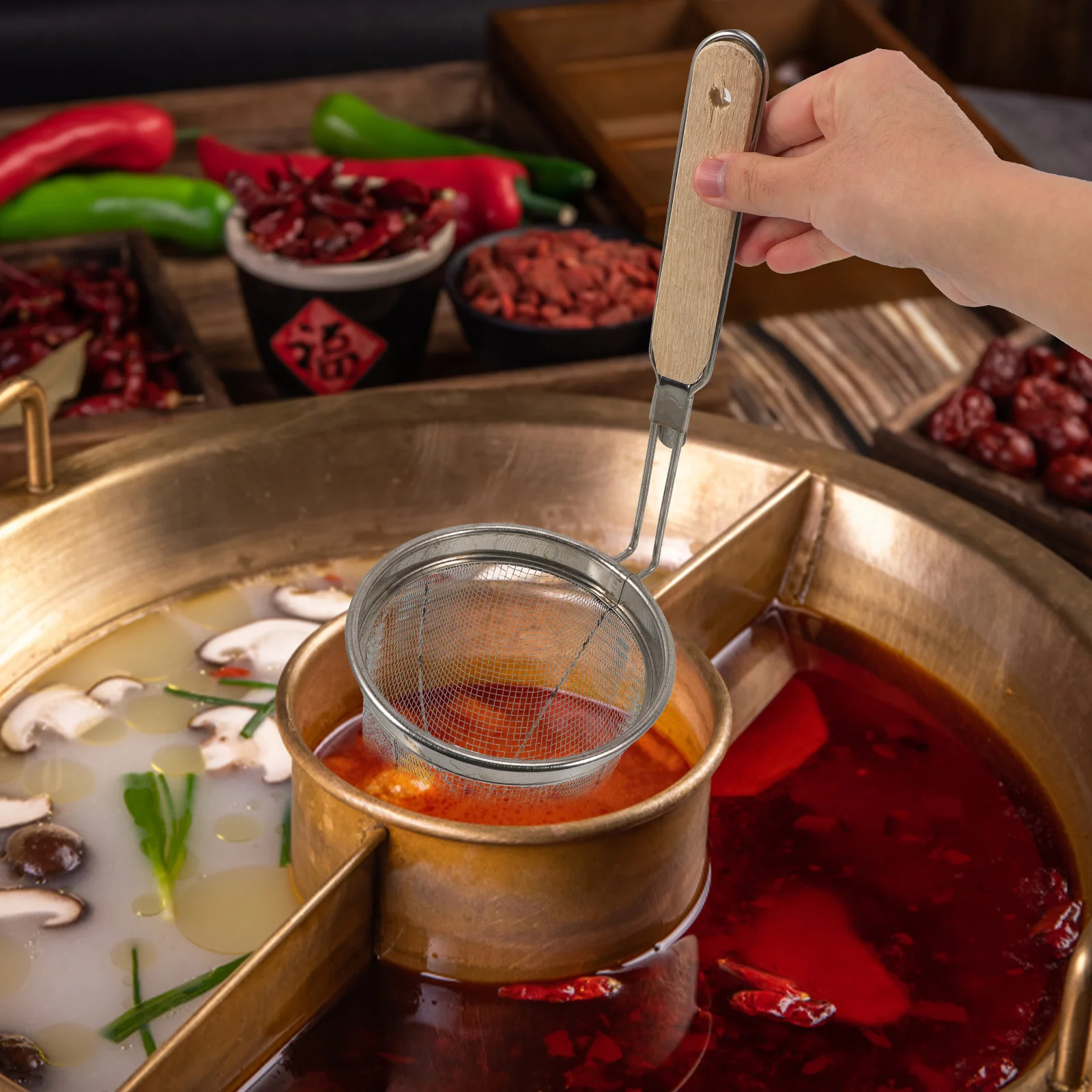 

Дуршлаг для лапши из нержавеющей стали, сетчатая корзина с деревянной ручкой, кухонное сито, инструмент для электрических варочных панелей