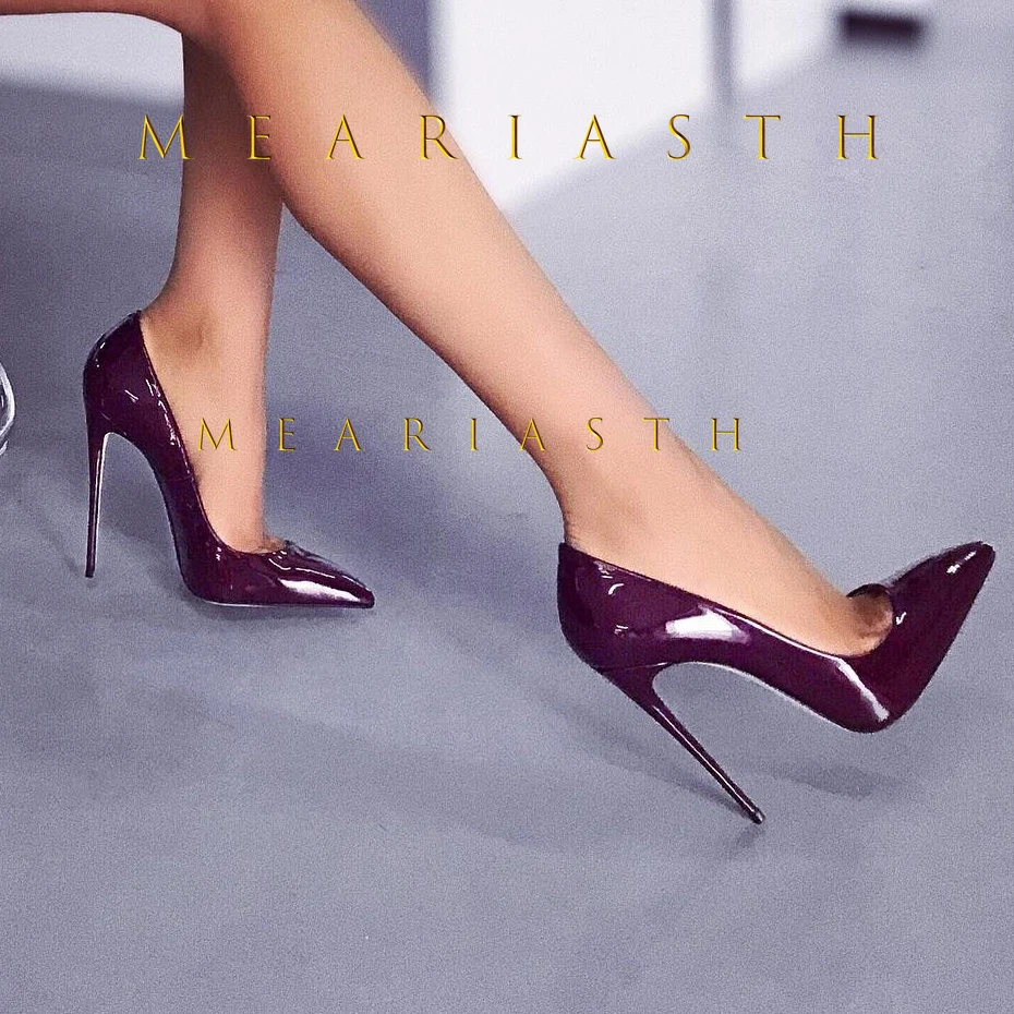 2025 موضة جديدة أشار تو حذاء كعب عالي مثير رقيقة الكعوب امرأة فستان حذاء النبيذ الأحمر براءات الاختراع والجلود خنجر الكعوب 12/10/8 سنتيمتر