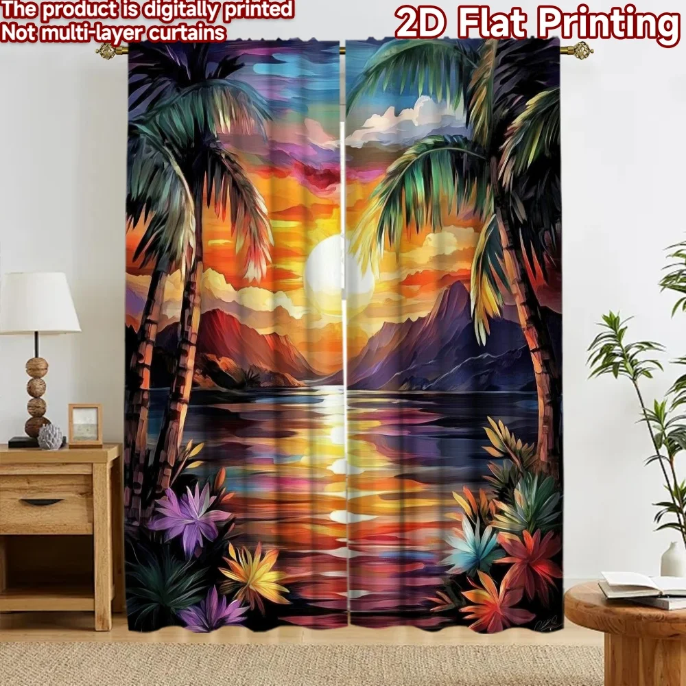 2D-Flachdruck, 2 Stück Vorhänge, Vorhänge mit tropischem Sonnenuntergang, digital bedruckte Polyester-Vorhänge, festliche Wanddekoration für den Urlaub