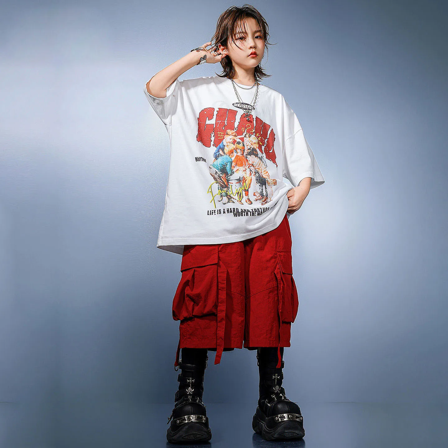 

Kid Kpop Hip Hop Clothing White Graphic T Shirt Red Casual Strap Cargo Shorts Middle Pants for Girl Boy Dance Costumes Clothes
