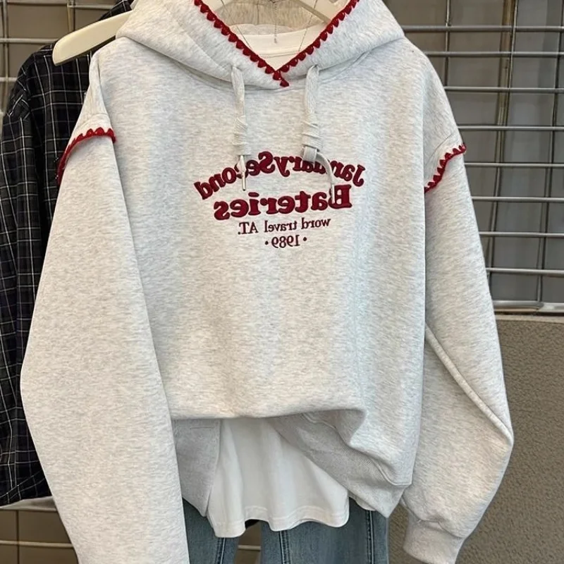 

Retro Heavy Embroidery Hooded Sweatshirt plus Size Fashionable Korean Style Casual Long Sleeve Fleece Lined Streetwear Top