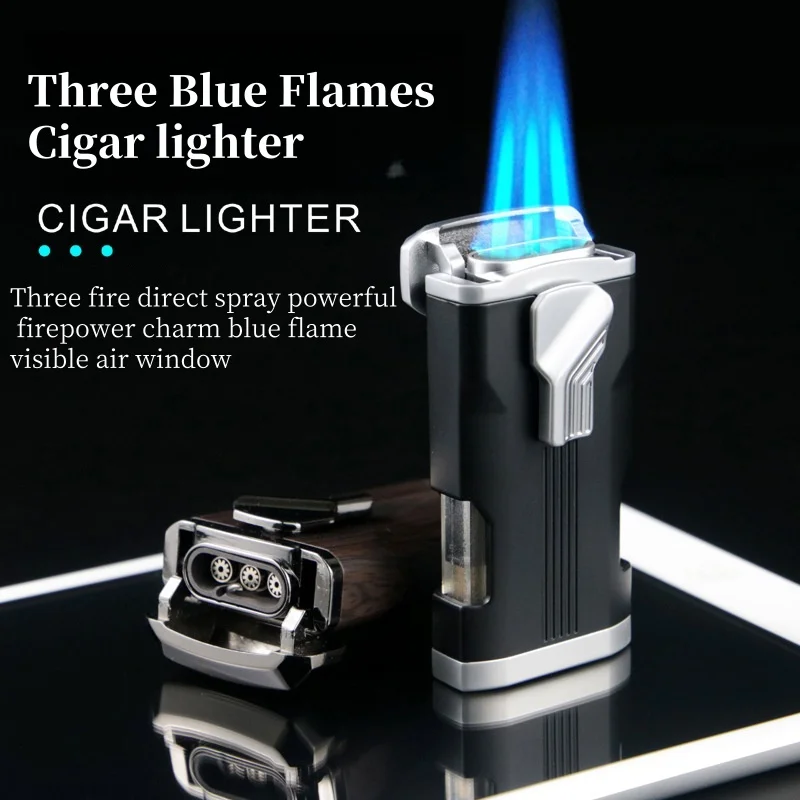 Creative And Personalized Cigar Lighter Visible Air Window High Firepower Windproof Three Straight Blue Flame Butane Gas Lighter