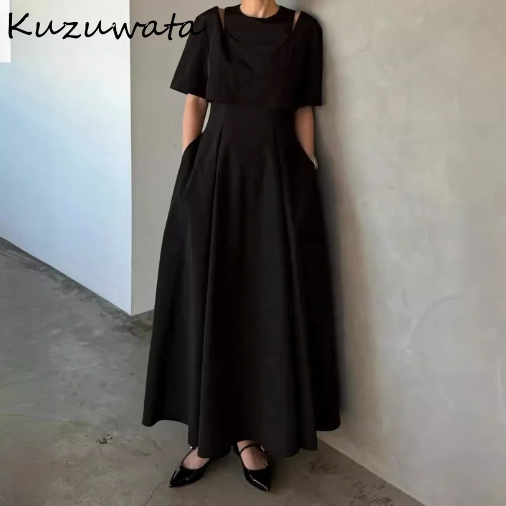 Kuzuwata New O Neck Half Sleeve Ruched Dress High Waist Loose Off Shoulder Slim Fit Robe Japan Fake Two Pieces Casual Vestidos