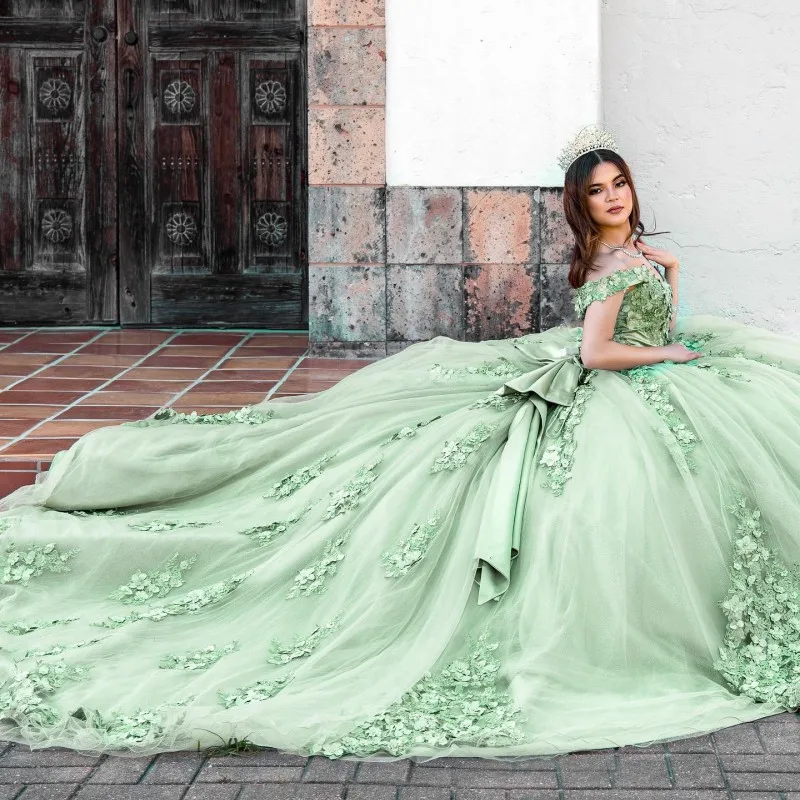 

Lorencia Sage Green Ball Gown Quinceanera Dress Appliques Beads 3D Flower Off Shoulder Sweet 16 Dress Vestido De 15 Anos YQD262