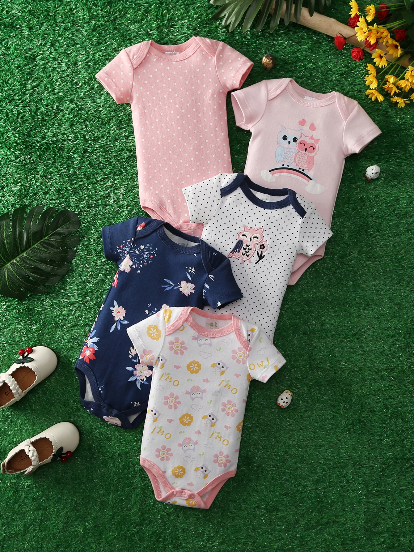 [5-piece set] Baby triangle onesie Fun Owl short-sleeved clothing climbing suit