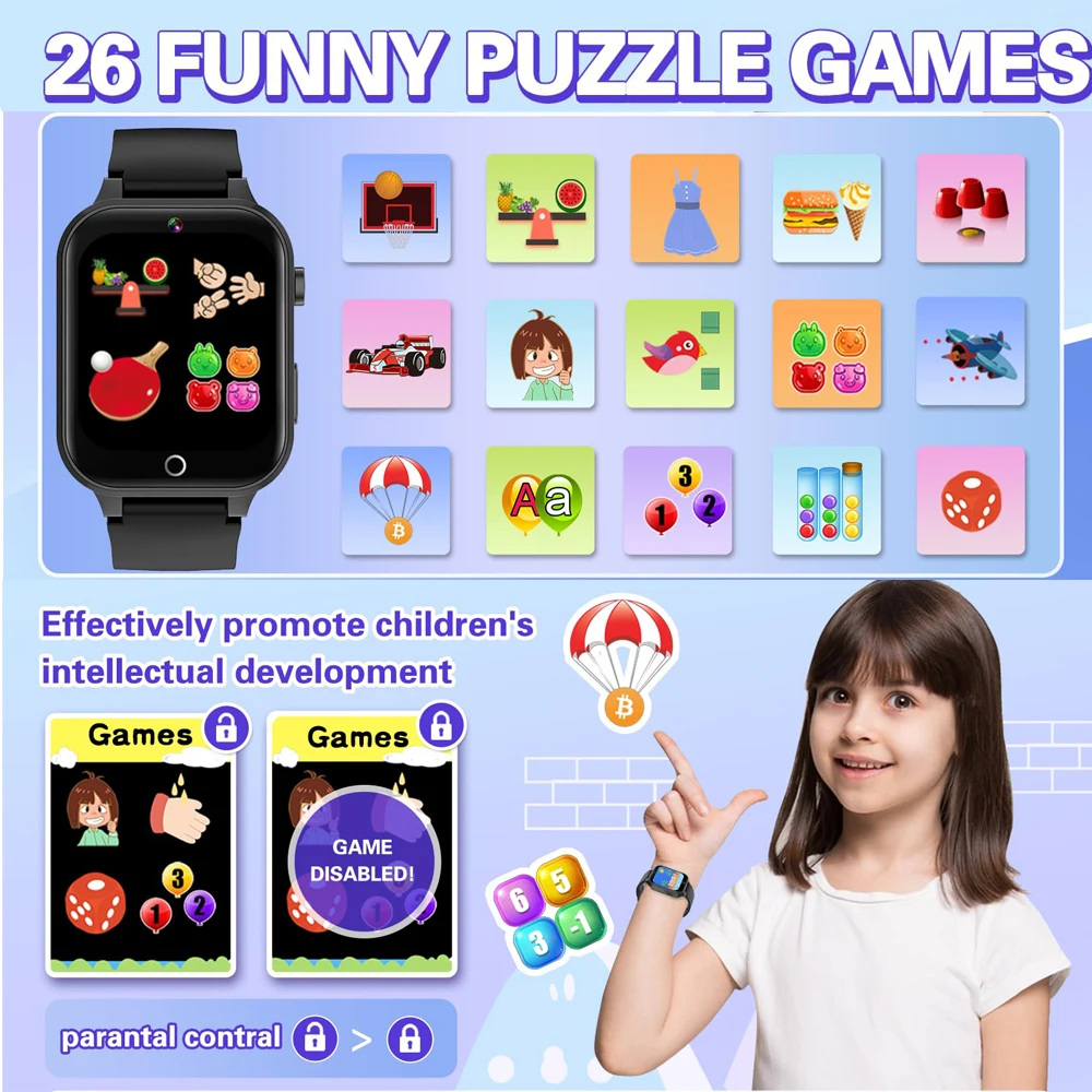 Smart Watch Bambini 26 Giochi Audiolibri Pedometro Video Musica Lettore MP3 Sveglia Habit Track Smartwatch Fotocamera Ragazzi Ragazze Regali