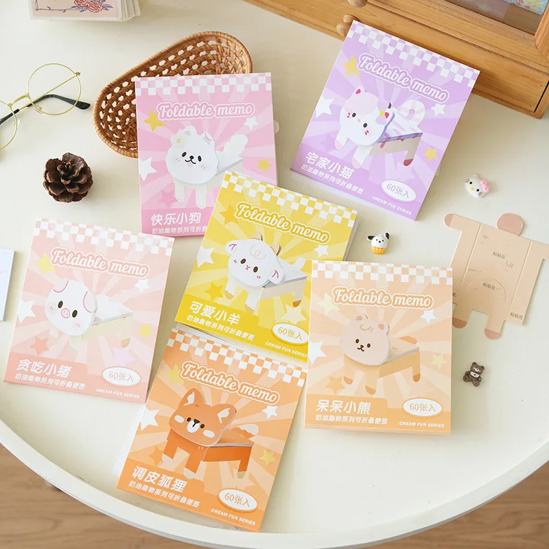 60 Sheets/Set Cartoon Cute Animals Sticky Notes Kawaii Bear, Cat And Dog Foldable Memo Pads Creative Office Supplies