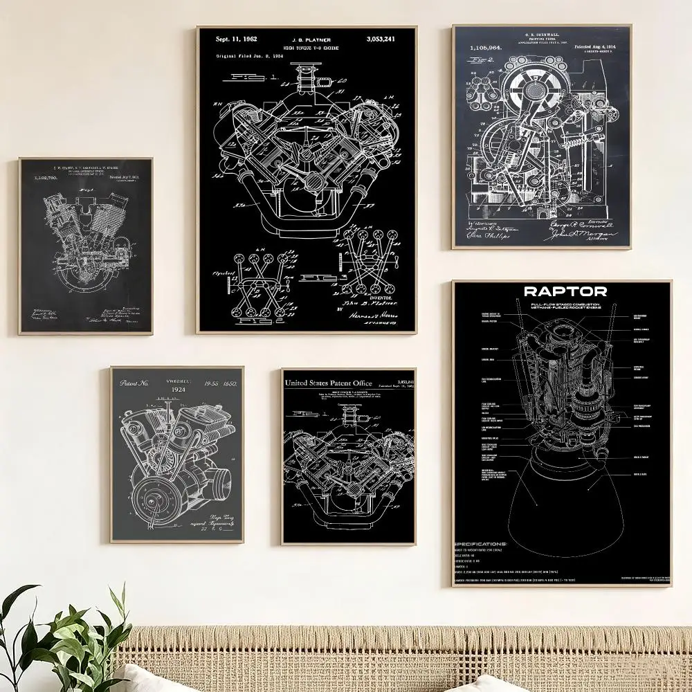 Engine Motor Car Retro Mechanical Art Poster Print Painting Home Decor for Bedroom Living Room Hallway