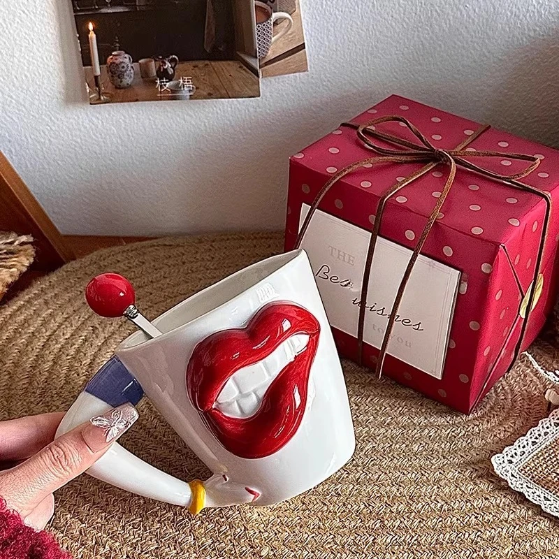 Creative three-dimensional lip ceramic mug,coffee cup with a spoon,couple's mug,funny graduation season gift,birthday present