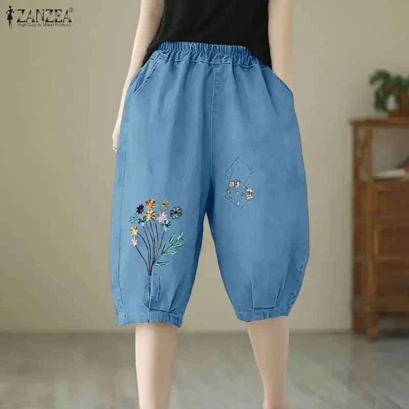 

ZANZEA женские шорты большого размера, лето 2026, винтажные короткие брюки с цветочной вышивкой, модные повседневные свободные брюки с эластичной резинкой на талии