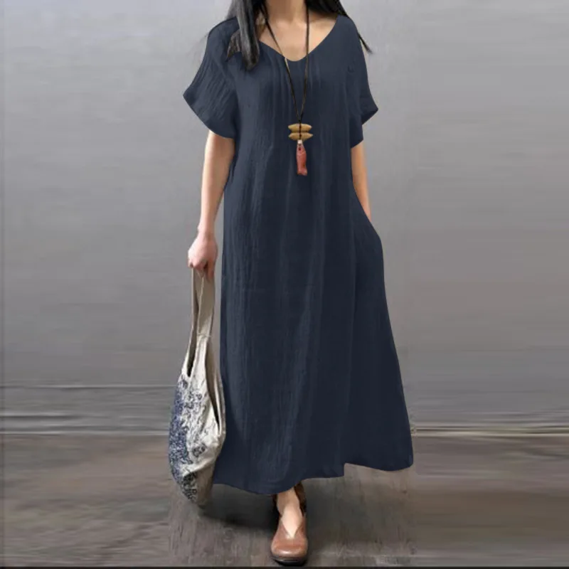 Summer Retro Literary Long Dress Cotton Linen Short-sleeved Round Neck Loose Casual Solid Color Pocket Dress Women\'s Clothing