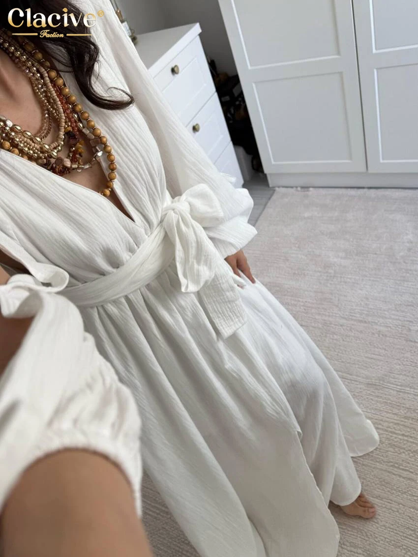 Clacive Fashion Loose White Cotton Women's Dress Sexy V-Neck Long Sleeve Maxi Dresses Elegant Classic Lace-Up Feamle Dress