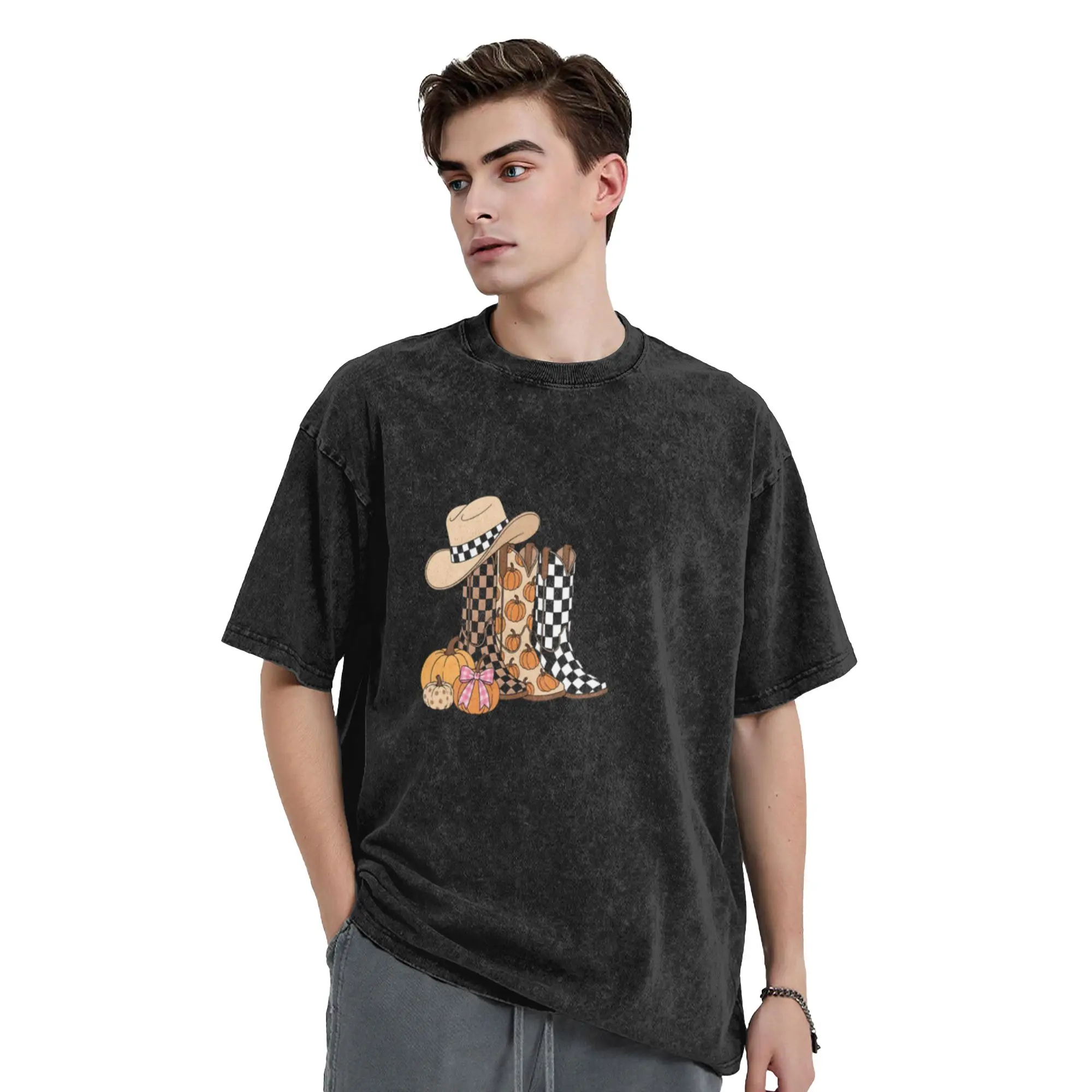 Western Halloween Boots Fall Pumpkins Cowgirl  Classic Chic A Washed T Shirt Men's Women's Oversized Cotton Tees Tops