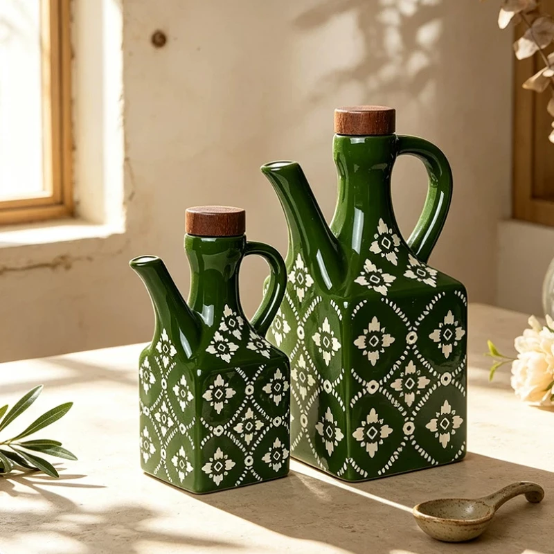 Ceramic Oil Pot American Style Household Oil Bottle Blue Printed Oil Bottle Soy Sauce Vinegar Pot Kitchen Seasoning Bottle