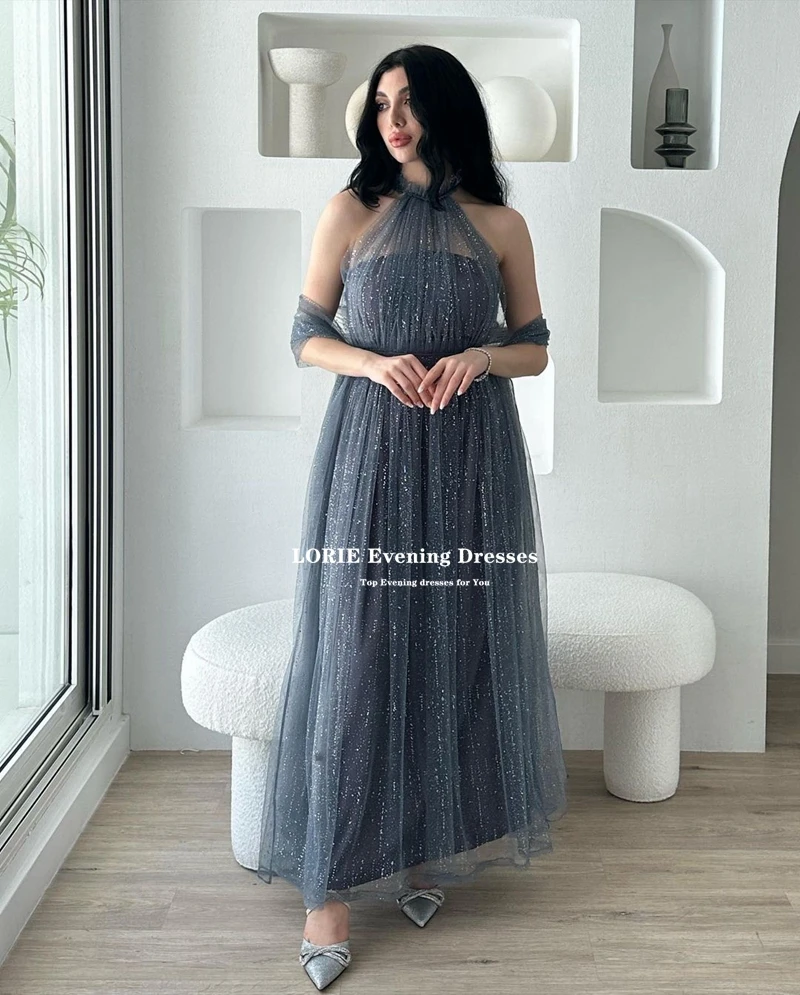 LORIE grigio scuro a-line abiti da sera Glitter Tulle Halter Robes De Soirée lunghezza alla caviglia Dubai Vestidos De Gala abiti da festa